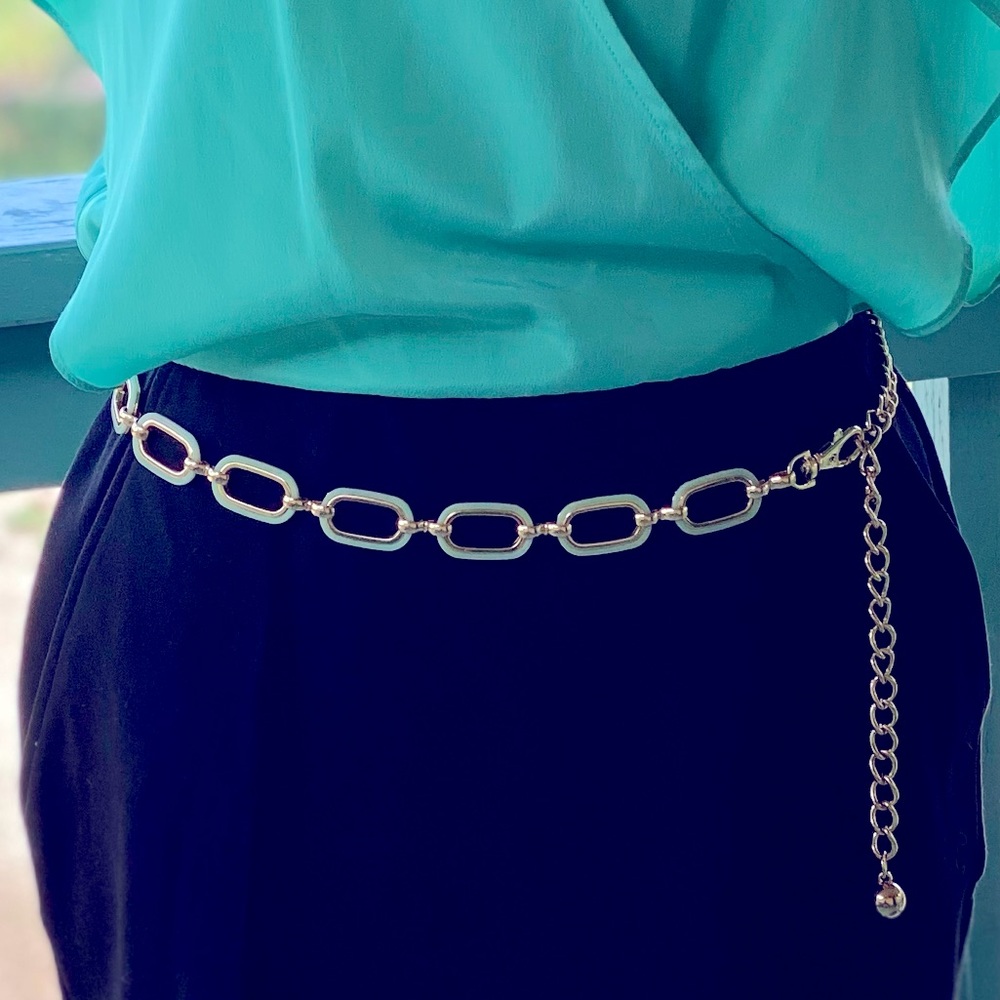 Gold and mint or light turquoise chain belt